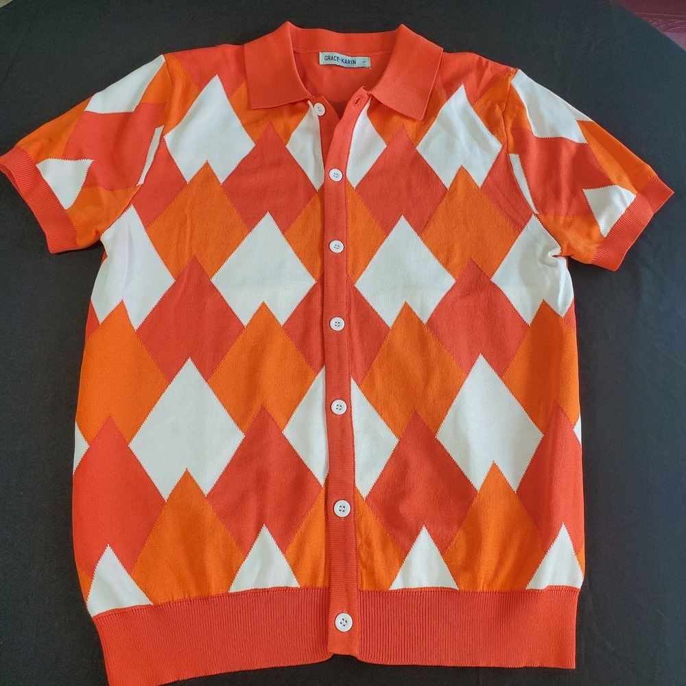GRACE‎ KARIN Mens S Short Sleeve Orange Argyle Golf Polo Shirts Casual Knitwear